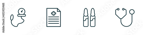 set of 4 linear icons from health and medical concept. outline icons included tonometer, medical file, ampoule, stethoscope vector