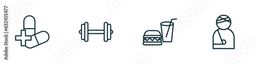 set of 4 linear icons from health and medical concept. outline icons included antibiotics, dumbbell, fast food, injury vector