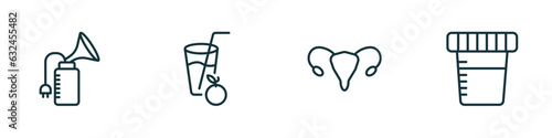 set of 4 linear icons from health and medical concept. outline icons included breast pump, orange juice, uterus, urine vector