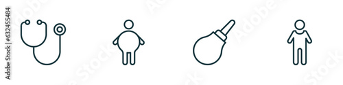 set of 4 linear icons from health and medical concept. outline icons included phonendoscope, fat, enema, body vector