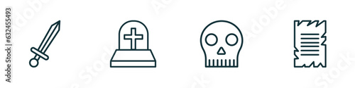 set of 4 linear icons from history concept. outline icons included sword, tomb, skull, old paper vector