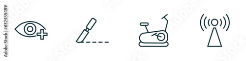 set of 4 linear icons from health and medical concept. outline icons included ophthalmology, surgery, stationary bike, non ionizing radiation vector