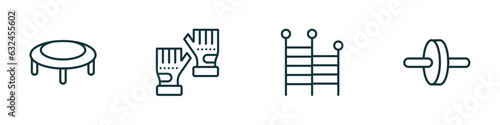 set of 4 linear icons from gym and fitness concept. outline icons included trampoline, sport gloves, gym ladder, fitness wheel vector