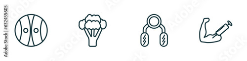 set of 4 linear icons from gym and fitness concept. outline icons included power ball, broccoli porcion, sport expander, steroids vector