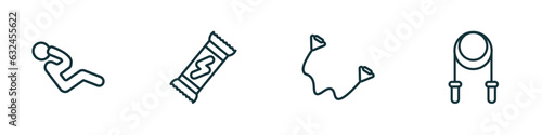 set of 4 linear icons from gym and fitness concept. outline icons included abdominal exercises, energy snack, exercise bands, skipping rope vector