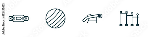 set of 4 linear icons from gym and fitness concept. outline icons included fitness belt, gymnastic ball, simulator for press, horizontal bar vector