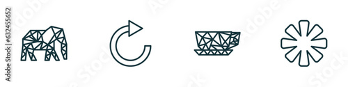 set of 4 linear icons from geometry concept. outline icons included polygonal elephant, redo, polygonal coffee cup, asterisk vector