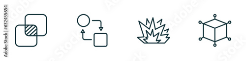 set of 4 linear icons from geometry concept. outline icons included unite, transform, explode, 3d cube vector