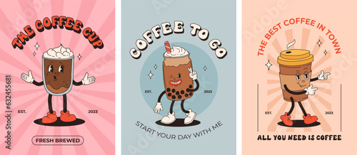 Retro poster with coffee mascot, cartoon characters, funny colorful doodle style characters, cappuccino, cocoa, latte, espresso, matcha, bobba. Vector groovy characters on colorful background