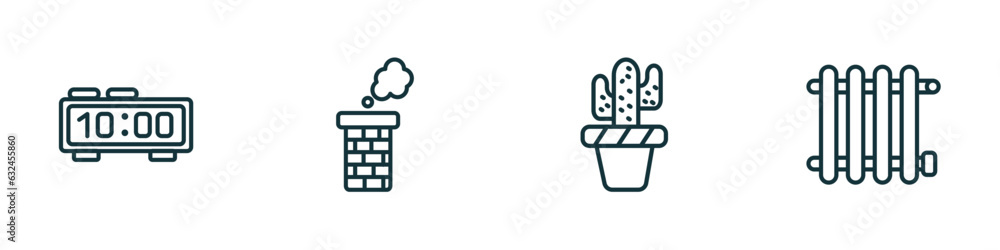set of 4 linear icons from furniture & household concept. outline icons included table clock, chimney, cactus, radiator vector set of 4 linear icons from furniture & household concept. outline icons included table clock, chimney, cactus, radiator vector