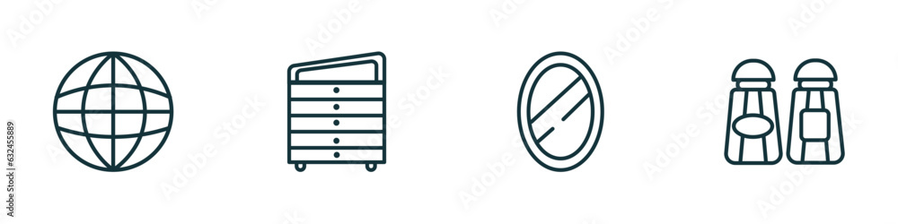 set of 4 linear icons from furniture & household concept. outline icons included globe, davenport, mirror, salt and pepper shakers vector set of 4 linear icons from furniture & household concept. outline icons included globe, davenport, mirror, salt and pepper shakers vector