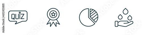 set of 4 linear icons from general concept. outline icons included quiz, number one medal, market share, save water badge vector