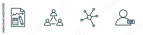 set of 4 linear icons from general concept. outline icons included ecommerce strategy, business networking, advertising networks, hr manager vector