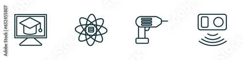 set of 4 linear icons from general concept. outline icons included distance learning, big data scientist, perforator, active sensor vector