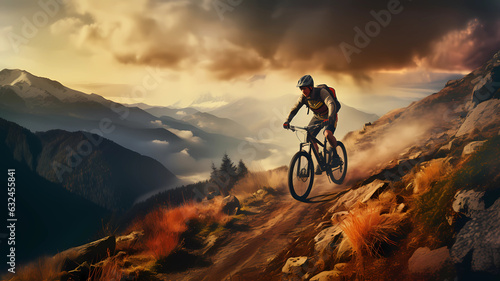 Mountain Trail Enigma  Softbox-Lit Biker Amidst Mystical Landscape
