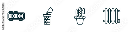 set of 4 linear icons from furniture   household concept. outline icons included table clock  chimney  cactus  radiator vector