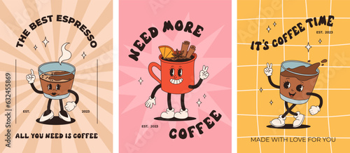 Retro poster with coffee mascot, cartoon characters, funny colorful doodle style characters, cappuccino, cocoa, latte, espresso, matcha, bobba. Vector groovy characters on colorful background