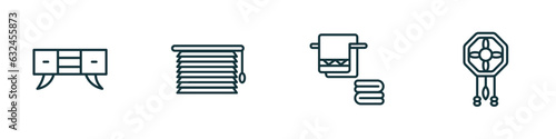 set of 4 linear icons from furniture & household concept. outline icons included credenza, window coverings, towel, adornment vector