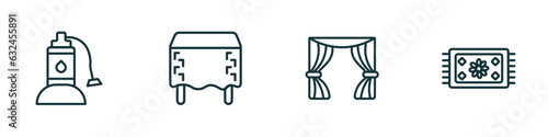 set of 4 linear icons from furniture & household concept. outline icons included sump pump, table linens, curtain, rug vector