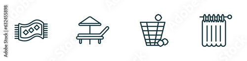 set of 4 linear icons from furniture & household concept. outline icons included rugs, lounger, waste basket, shower curtain vector