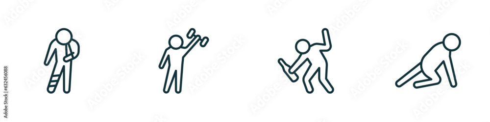 set of 4 linear icons from feelings concept. outline icons included hurt human, strong human, drunk human, ready vector set of 4 linear icons from feelings concept. outline icons included hurt human, strong human, drunk human, ready vector
