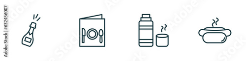 set of 4 linear icons from food concept. outline icons included champagne bottle, restaurant menu, thermo flask, hotdog and bread vector