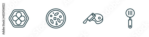 set of 4 linear icons from food concept. outline icons included king cake, sour soup, butcher, slotted spoon vector