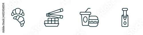set of 4 linear icons from food concept. outline icons included croissant, fried tofu curd balls, junk food, sparkling wine vector