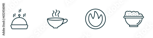 set of 4 linear icons from food concept. outline icons included serving dish, coffee cup with steam, calories, risotto vector