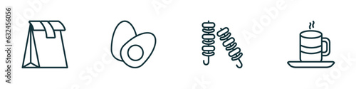 set of 4 linear icons from food concept. outline icons included pack, boiled egg, kebab, warm cup and plate vector