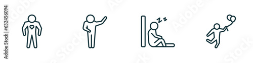 set of 4 linear icons from feelings concept. outline icons included alive human, grateful human, sleepy human, hopeful vector
