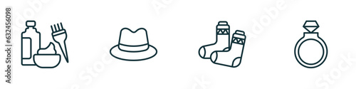 set of 4 linear icons from fashion concept. outline icons included hair dye, fedora, pair of socks, fiance vector