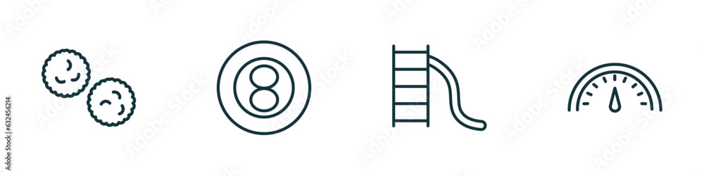 set of 4 linear icons from arcade concept. outline icons included pom pom, eight ball, toboggan, speedometer vector set of 4 linear icons from arcade concept. outline icons included pom pom, eight ball, toboggan, speedometer vector