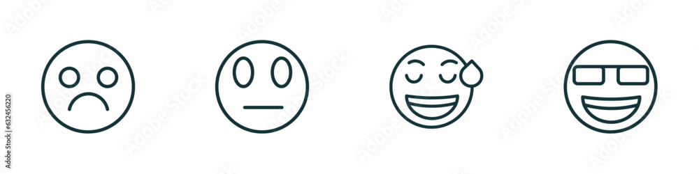 set of 4 linear icons from emoji concept. outline icons included sad emoji, suspicious emoji, sweating nerd vector set of 4 linear icons from emoji concept. outline icons included sad emoji, suspicious emoji, sweating nerd vector