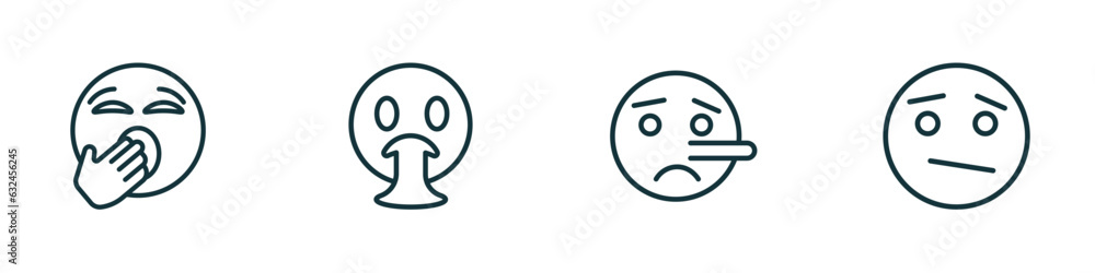 set of 4 linear icons from emoji concept. outline icons included yawning emoji, vomit emoji, liar confused vector set of 4 linear icons from emoji concept. outline icons included yawning emoji, vomit emoji, liar confused vector