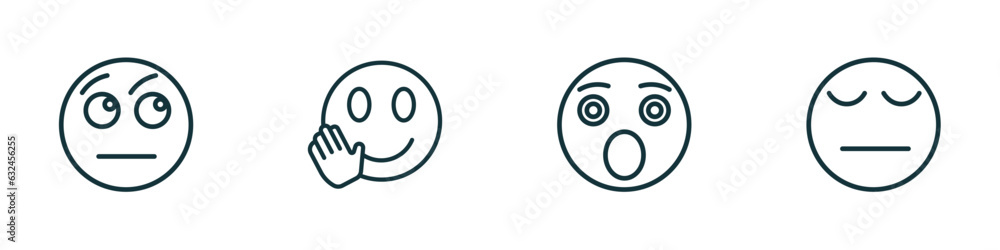 set of 4 linear icons from emoji concept. outline icons included curious emoji, hello emoji, shocked pensive vector set of 4 linear icons from emoji concept. outline icons included curious emoji, hello emoji, shocked pensive vector