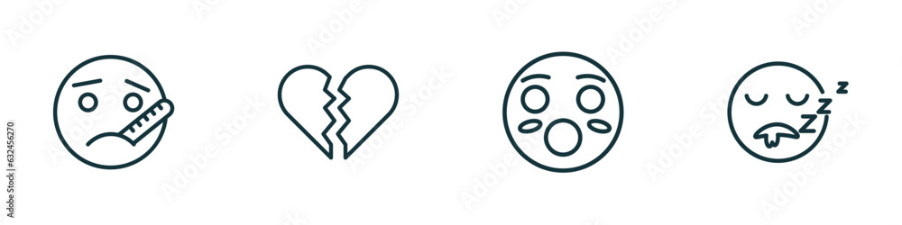 set of 4 linear icons from emoji concept. outline icons included ill emoji, broken heart emoji, hushed sleeping vector set of 4 linear icons from emoji concept. outline icons included ill emoji, broken heart emoji, hushed sleeping vector