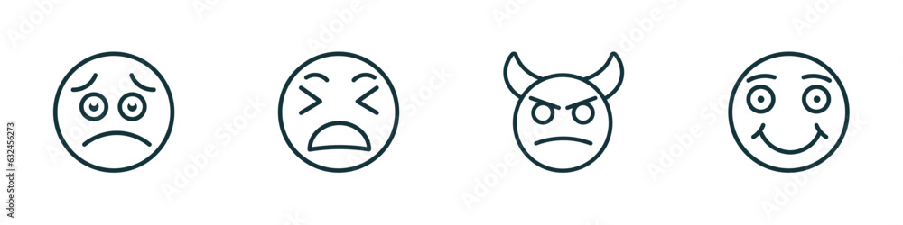 set of 4 linear icons from emoji concept. outline icons included worried emoji, tired emoji, angry with horns smile vector