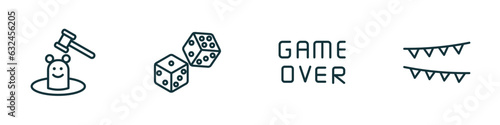set of 4 linear icons from arcade concept. outline icons included whack a mole, dices, game over, festival vector