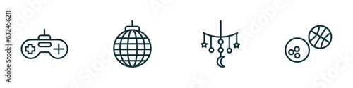 set of 4 linear icons from arcade collection. thin concept. outline icons included game controller, disco, childhood, sports ball vector