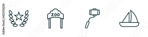 set of 4 linear icons from arcade concept. outline icons included glory, zoo, selfie stick, sailing boat vector