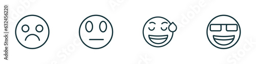 set of 4 linear icons from emoji concept. outline icons included sad emoji, suspicious emoji, sweating nerd vector