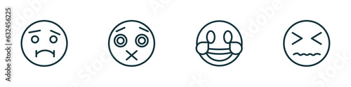 set of 4 linear icons from emoji concept. outline icons included nauseated emoji, silent emoji, laugh desperate vector