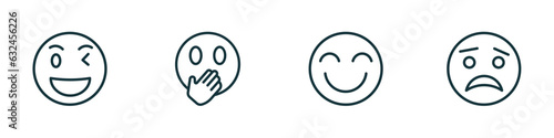 set of 4 linear icons from emoji concept. outline icons included wink emoji, hand over mouth emoji, grinning scared vector