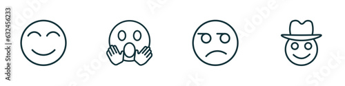 set of 4 linear icons from emoji concept. outline icons included blushing emoji, yelling emoji, suspect cowboy hat vector