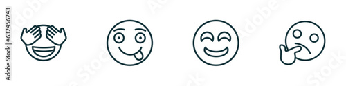 set of 4 linear icons from emoji concept. outline icons included shy emoji, tongue out emoji, drool wondering vector