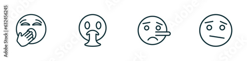 set of 4 linear icons from emoji concept. outline icons included yawning emoji, vomit emoji, liar confused vector
