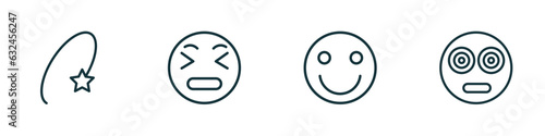 set of 4 linear icons from emoji concept. outline icons included dizzy emoji, stress emoji, happy hypnotized vector