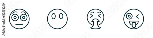 set of 4 linear icons from emoji concept. outline icons included embarrassed emoji, emoji without mouth, puking crazy vector photo