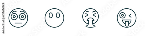 set of 4 linear icons from emoji concept. outline icons included embarrassed emoji, emoji without mouth, puking crazy vector